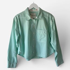 American Eagle Womens Green White Striped Button Front Cropped Shirt Size M